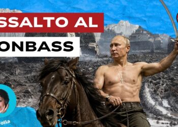 Campo di battaglia con carri armati. Vladimir Putin a cavallo con spada sguainata