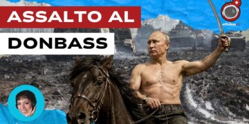 Campo di battaglia con carri armati. Vladimir Putin a cavallo con spada sguainata