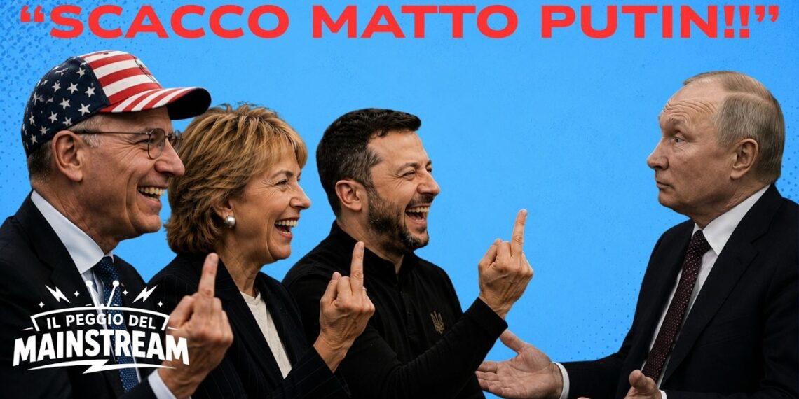 Enrico Letta, una donna e Volodymyr Zelensky mostrano il dito medio a Vladimir Putin