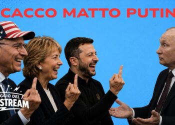 Enrico Letta, una donna e Volodymyr Zelensky mostrano il dito medio a Vladimir Putin
