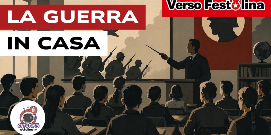 Illustrazione di una classe dove il professore insegna pratiche di guerra