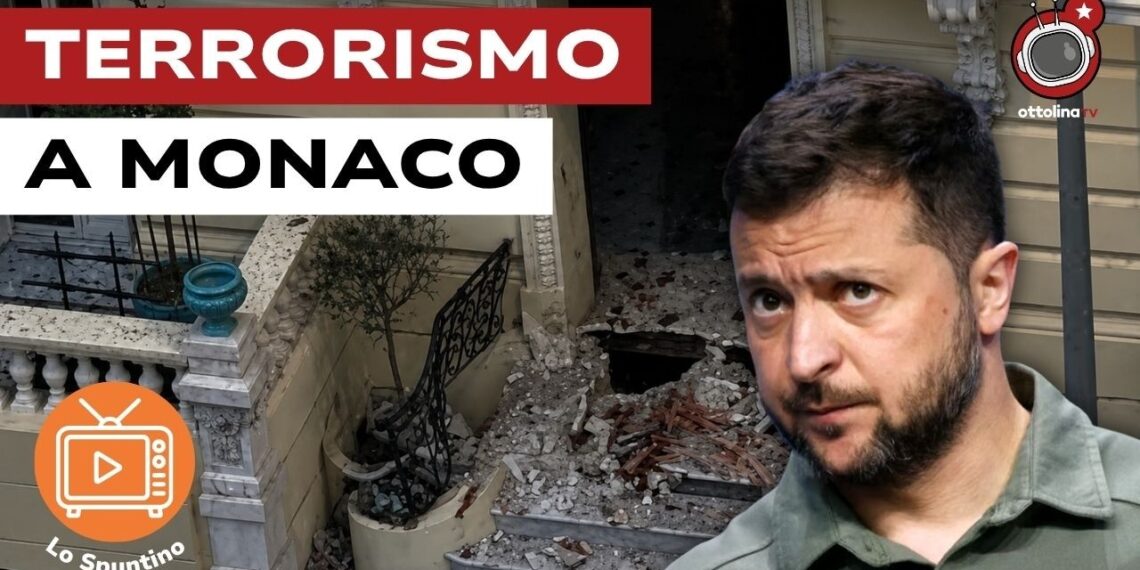 Ingresso di un edificio con macerie. Volodymyr Zelensky in primo piano