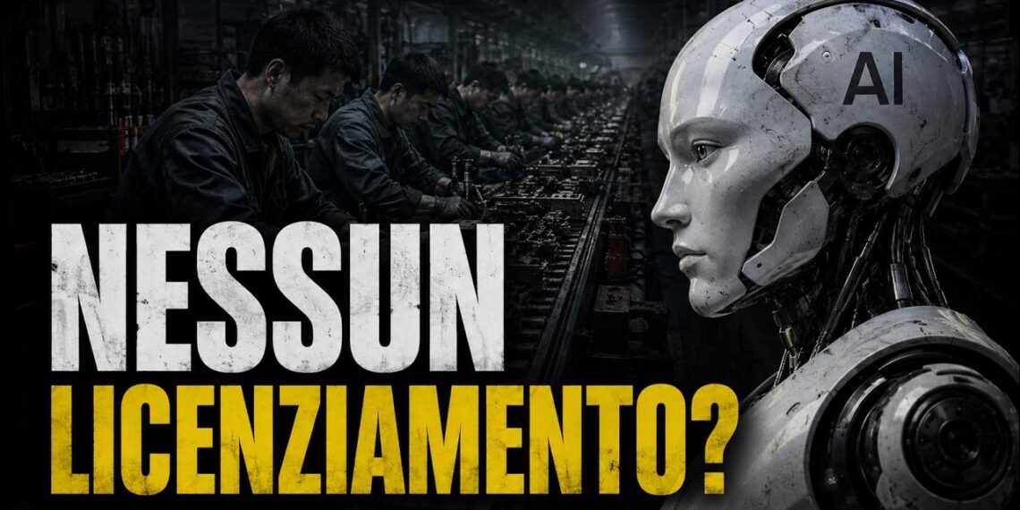 Operai cinesi al lavoro in fabbrica e una AI androide
