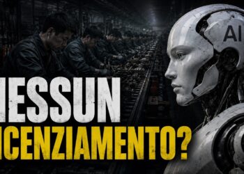 Operai cinesi al lavoro in fabbrica e una AI androide