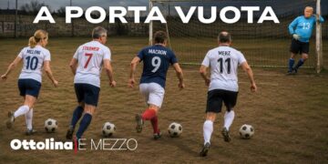 Quattro leader europei vestiti da calciatori calciano il pallone verso la porta dove c'è Donald Trump portiere