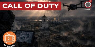 Scenario di guerra ucraino. Un soldato con il tablet in primo piano