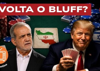 Tavolo da gioco con fiches con le bandiere di USA e Israele. Masoud Pezeshkian e Donald Trump con le carte da gioco in mano