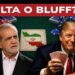Tavolo da gioco con fiches con le bandiere di USA e Israele. Masoud Pezeshkian e Donald Trump con le carte da gioco in mano