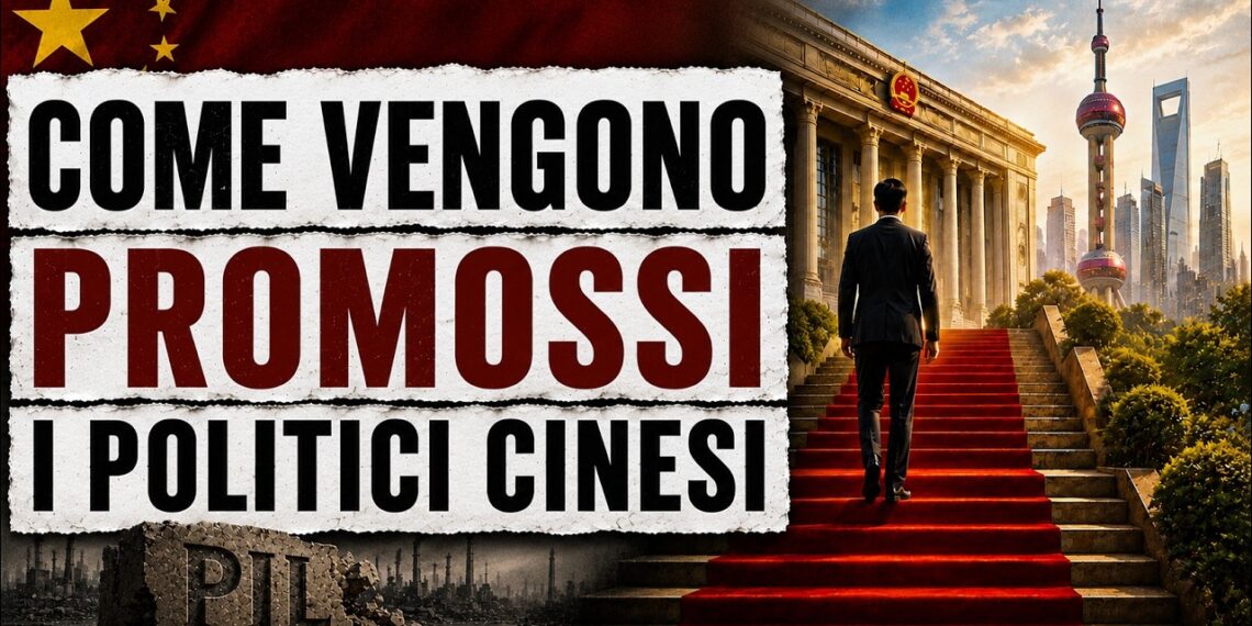 Un uomo cinese elegante di spalle sale una scala di velluto rosso verso la sede del Partito Comunista