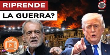 Città con un incendio sullo sfondo. Masoud Pezeshkian e Donald Trump in primo piano
