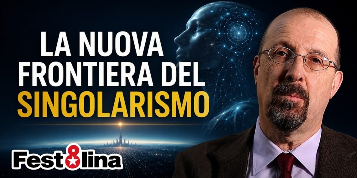 Città del futuro con androide. Dimitri d'Andrea in primo piano