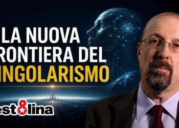 Città del futuro con androide. Dimitri d'Andrea in primo piano
