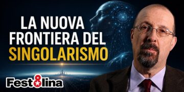 Città del futuro con androide. Dimitri d'Andrea in primo piano