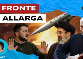 Città in fiamme e un missile. Volodymyr Zelensky, Abbas Araghchi e Vladimir Putin in primo piano