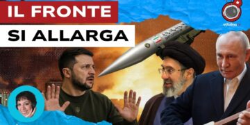 Città in fiamme e un missile. Volodymyr Zelensky, Abbas Araghchi e Vladimir Putin in primo piano