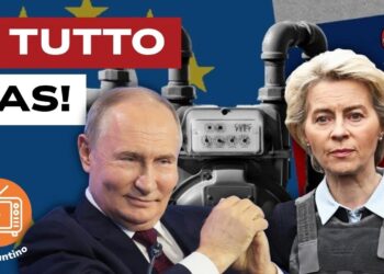 Contatore del gas con bandiere Ue e russa. Vladimir Putin fsoddisfatto e Ursula von der Leyen perplessa in primo piano