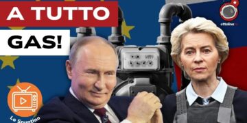 Contatore del gas con bandiere Ue e russa. Vladimir Putin fsoddisfatto e Ursula von der Leyen perplessa in primo piano