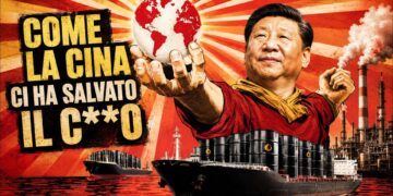 Il busto di Xi Jinping che tiene in mano il mondo appoggiato su barili di petrolio stivati su una petroliera