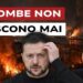 Città ucraina in fiamme. Volodymyr Zelensky e Vladimir Putin in primo piano