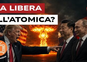 Fungo atomico fra le bandiere di USA e Cina. Donald Trump furibondo punta l'indice verso Xi Jinping e Vladimir Putin sorridenti