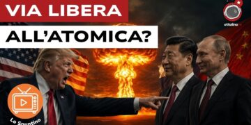 Fungo atomico fra le bandiere di USA e Cina. Donald Trump furibondo punta l'indice verso Xi Jinping e Vladimir Putin sorridenti