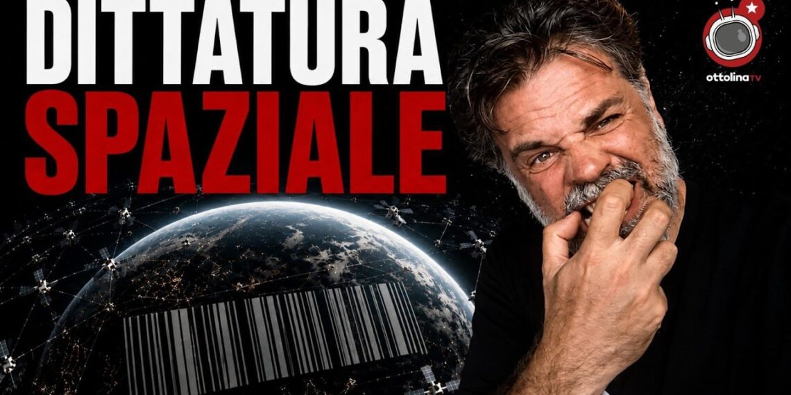 Immagine della Terra con un codice a barre. Giuliano Marrucci si mangia le mani in primo piano