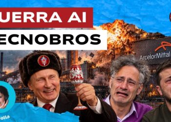 Acciaieria in fiamme. Vladimir Putin con il colbacco brinda ridendo. Alex Karp e Volodymyr Zelensky in lacrime
