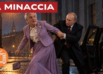 Antonio Tajani vestito da vecchia signora viene rapito da Vladimir Putin