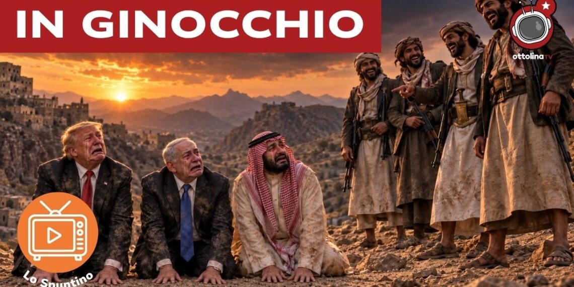 Donald Trump, Benjamin Netanhyau e Mohammad Bin Salman inginocchiati e in lacrime davanti a guerriglieri Houthi