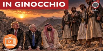 Donald Trump, Benjamin Netanhyau e Mohammad Bin Salman inginocchiati e in lacrime davanti a guerriglieri Houthi