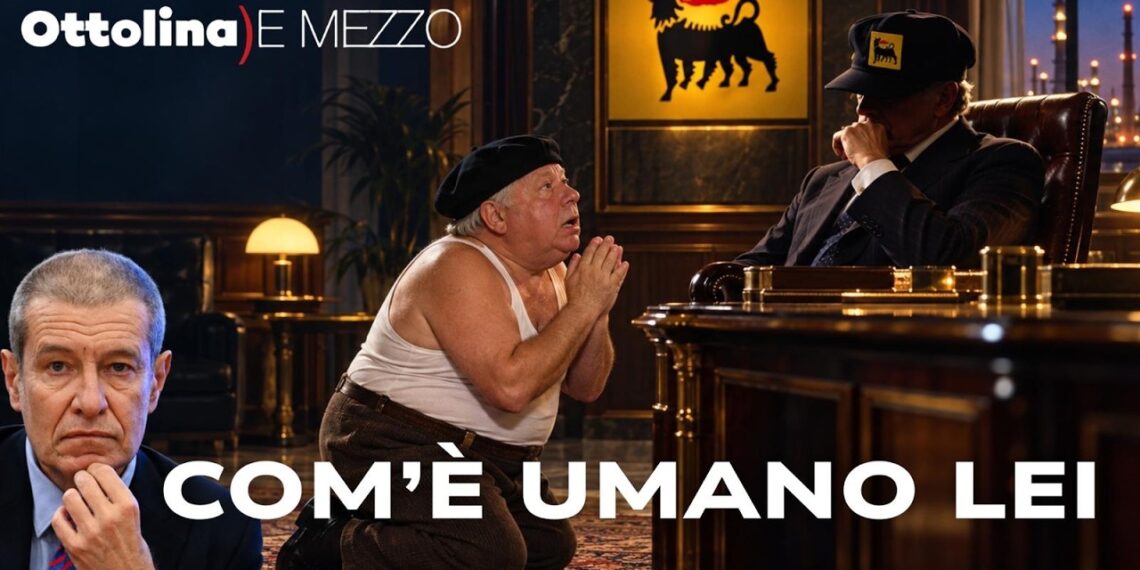 Fantozzi in ginocchio davanti a un uomo di ENI. Alessandro Volpi in primo piano