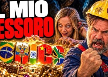 Giorgia Meloni in versione Gollum avido davanti al tesoro. Giuliano Marrucci vestito da operaio arrabbiato in primo piano