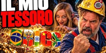 Giorgia Meloni in versione Gollum avido davanti al tesoro. Giuliano Marrucci vestito da operaio arrabbiato in primo piano