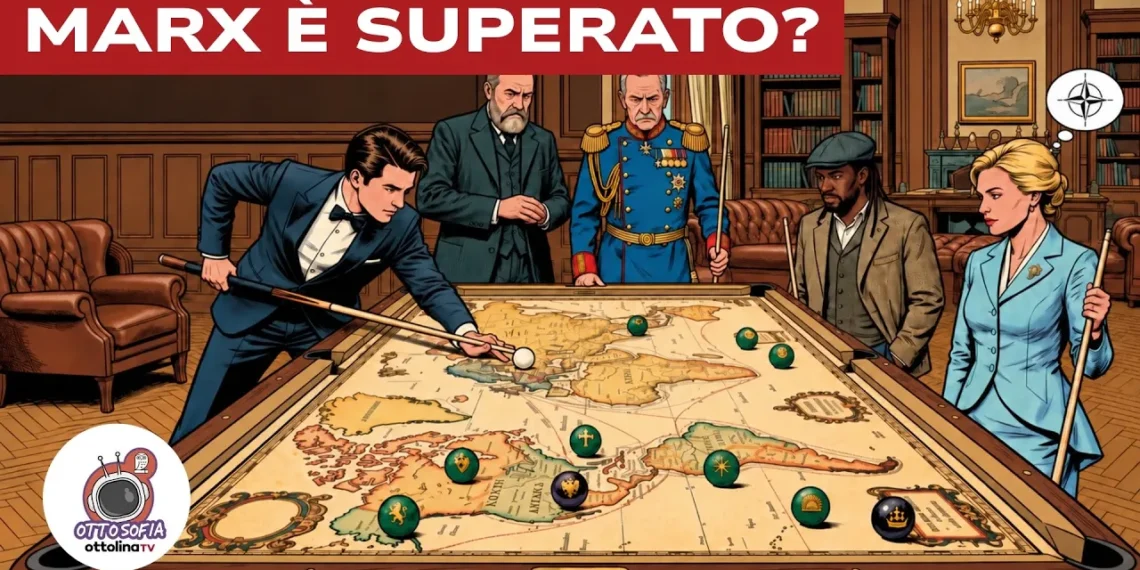 Illustrazione che rappresenta persone potenti che giocano a biliardo sulla mappa del mondo