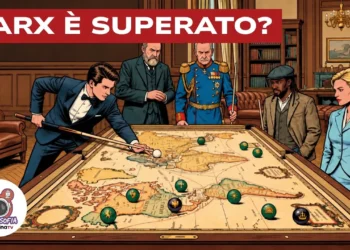 Illustrazione che rappresenta persone potenti che giocano a biliardo sulla mappa del mondo