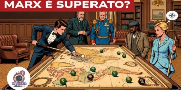 Illustrazione che rappresenta persone potenti che giocano a biliardo sulla mappa del mondo