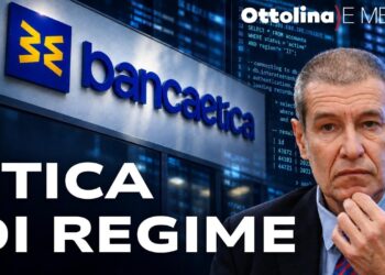 Insegna di Banca Etica. Alessandro Volpi in primo piano