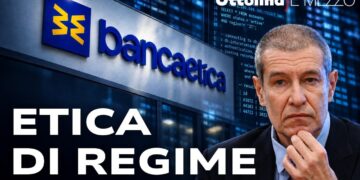 Insegna di Banca Etica. Alessandro Volpi in primo piano