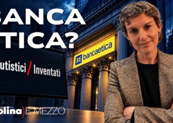 Logo di Banca Etica su una banca americana. Martina Pignatti Morano in primo piano
