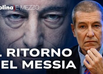 Mario Draghi in primissimo piano e Alessandro Volpi