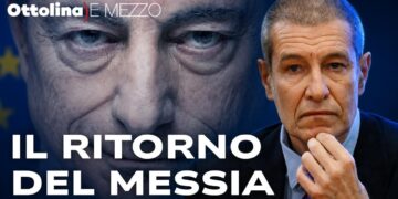 Mario Draghi in primissimo piano e Alessandro Volpi