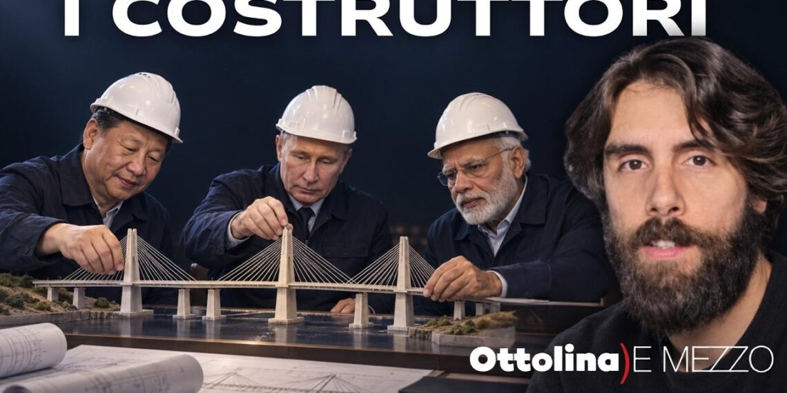 Xi Jinping, Vladimir Putin e Narendra Modi vestiti da cantiere costruiscono il modellino di un ponte. Davide Martinotti in primo piano