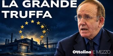 Capannone industriale malmesso con simbolo dell'Unione europea. Pino Arlacchi in primo piano