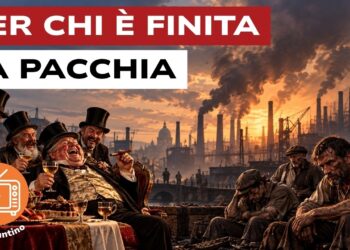 Ciminiere industriali. A sinistra capitalisti alla tavola imbandita. A destra operai sfiniti