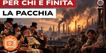 Ciminiere industriali. A sinistra capitalisti alla tavola imbandita. A destra operai sfiniti
