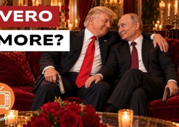 Donald Trump con la pistola in mano abbraccia Vladimir Putin su un divano