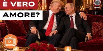 Donald Trump con la pistola in mano abbraccia Vladimir Putin su un divano