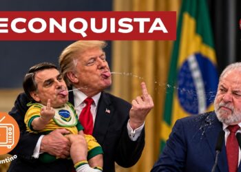 Donald Trump tiene in braccio Jair Bolsonaro bambino ed entrambi sputano a Lula
