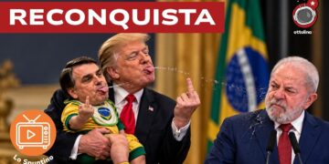 Donald Trump tiene in braccio Jair Bolsonaro bambino ed entrambi sputano a Lula