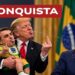 Donald Trump tiene in braccio Jair Bolsonaro bambino ed entrambi sputano a Lula